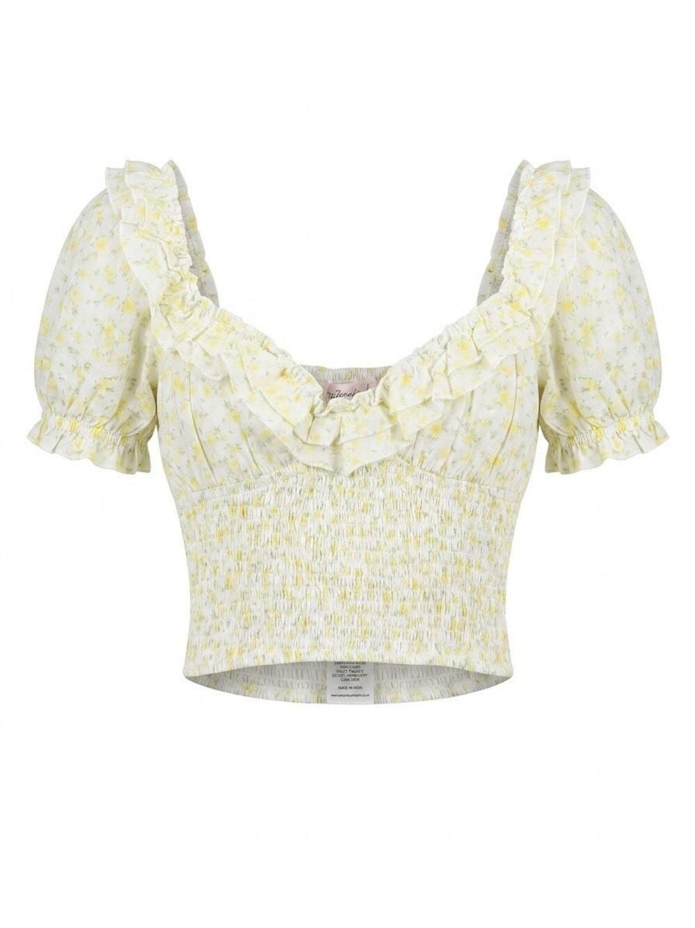 Amy Jane London Yellow Floral Smocked Puff Sleeve Crop Top NWT Size M